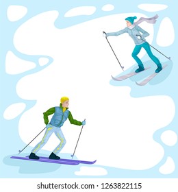 Cross country skiing boy and girl in sportswear down the slope. Man and woman on ski. Skiers in the winter. Vector illustration isolated on white background. Flat cartoon style drawing. 