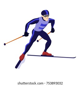 Cross country skiing boy isolated on white, vector skiing sportsman vector cross-country skiing man with ski in sportive clothes flat cartoon skiing man winter sport competition winter games