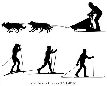 Cross country skiing and dog sledding Sport silhouettes