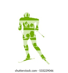 Cross country skiing man vector background abstract concept made of forest trees fragments isolated on white