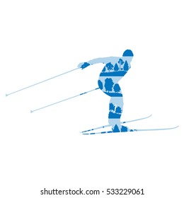 Cross country skiing man vector background abstract concept made of forest trees fragments isolated on white