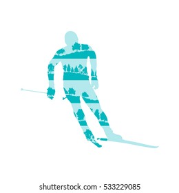 Cross country skiing man vector background abstract concept made of forest trees fragments isolated on white