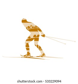 Cross country skiing man vector background abstract concept made of forest trees fragments isolated on white