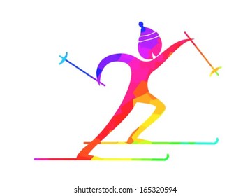 cross country skiing pictogram in blue purple red yellow green on white background