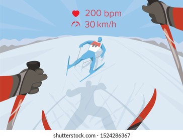 Cross country skiing. The skier with the action camera is skiing the track catching up with the leader. Vector illustration