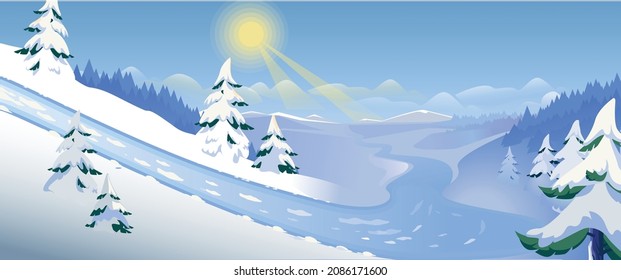 Cross country skiing track. Sunny day in mountains. Outdoor leisure activity. Winter landscape. 