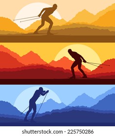 Cross Country Skiing Vector Background With Mountains In Different Day Time