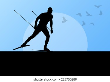 Cross country skiing vector background with sun and flying birds