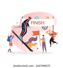 Cross country skiing, vector illustration. Winter triathlon competition, championship, multisport run-bike-ski event concept for web banner, website page etc.