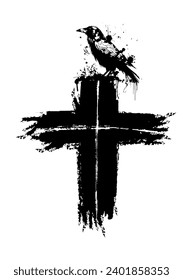 Cross with a crow. hand drawing. Not AI, Vector illustration