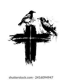Cross with a crow. hand drawing. Not AI, Vector illustration
