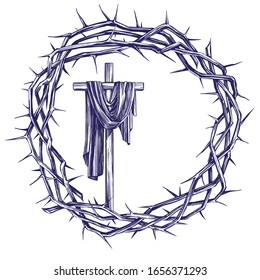 cross and crown of thorns, easter religious symbol of Christianity hand drawn vector illustration sketch