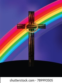 Cross with a crown of thorns, in front of a colorful rainbow, representing Jesus' resurrection on Easter Sunday.  