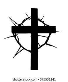 Cross with a crown of thorns, isolated on white. Silhouette element for the Lent season, passion of Christ, Palm Sunday, Holy week or Easter