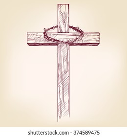 cross and crown of thorns, a symbol of Christianity hand drawn vector llustration realistic sketch