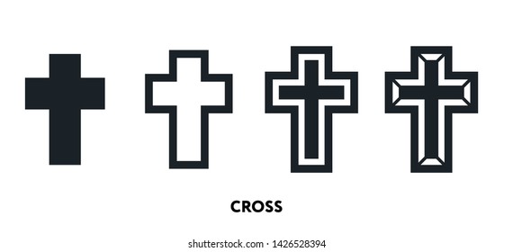 Cross Crucifix Jesus Christ Religion Confession Catholic Christian. Vector Flat Line Icon Illustration Set.