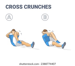 Cross Crunches Abs Exercise illustration. Colorful Concept of Man Working at Her Abdominals - Male in Sportswear Does the Fitness Crisscross or Bicycle Crunches Home Workout.