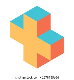 Cross of cubes. Retro colored. Isometric 3D vector object.