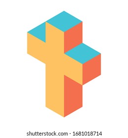 Cross of cubes. Retro colored. Isometric 3D vector object.