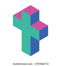 Cross of cubes. Retro colored. Isometric 3D vector object.