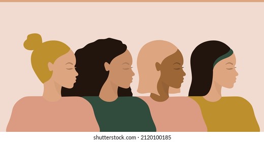 Cross Cultural, Multi Ethical, Diversity Women. Concept Of Woman Power, Tolerance, Discrimination, Racial Equality, Social Network And Communication In Community. Flat Vector Illustration