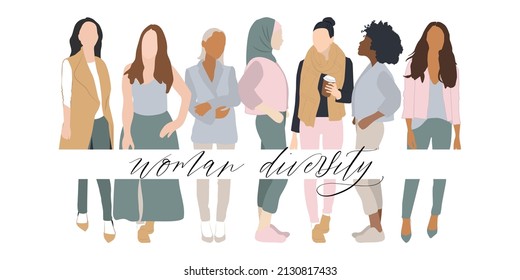 cross cultural, multi ethical, diversity women. concept of woman power, mother, history mount, march, woman's day celebration, feminism, activist. vector illustration