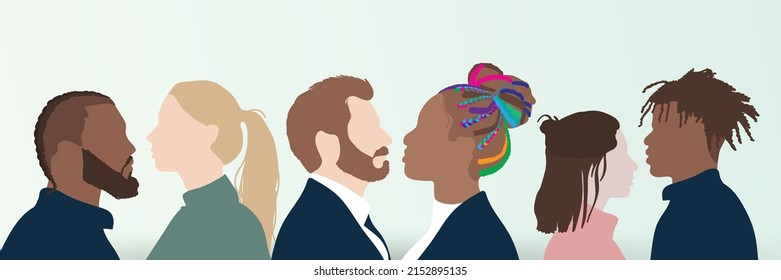 cross cultural, racial diverse people. abstract man and woman profile silhouette. concept of social equality, inclusion, acceptance. vector graphic illustration