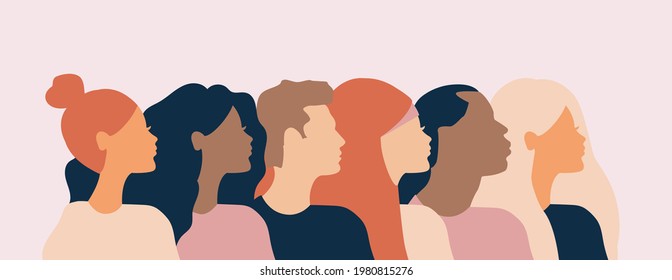 transcultural, igualdad racial, multiética, diversidad de personas, poder de la mujer, empoderamiento, tolerancia, concepto de discriminación. Ilustración vectorial plana.