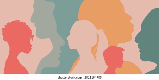 cross cultural, racial equality, multi ethical, diversity people. woman and man power, empowerment, tolerance, discrimination. wide banner background of human profile silhouette, vector illustration
