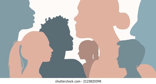 Cross Cultural, Racial Equality, Multi Ethical, Diversity Children And Teenagers. Conversation And Family Impact On Relationship, Character Development, Beliefs, Habits. Background Of Human Silhouette