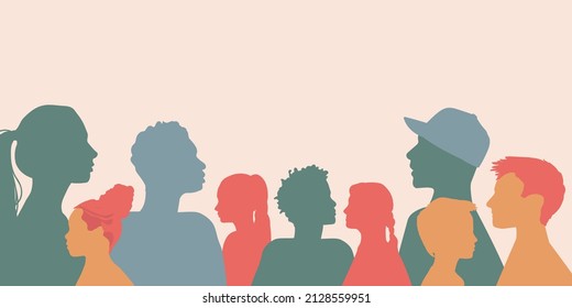 Cross Cultural, Racial Equality, Multi Ethical, Diversity Children And Teenagers. Head Face Silhouette In Profile. Concept Of Study Education And Learning. Kindergarten Or Elementary School Education