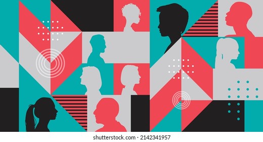 Cross Cultural, Racial Equality, Multi Ethical, Diversity People. Woman, Man, Children Empowerment, Tolerance, Discrimination. Wide Banner Background Of Human Profile Silhouette, Vector Illustration