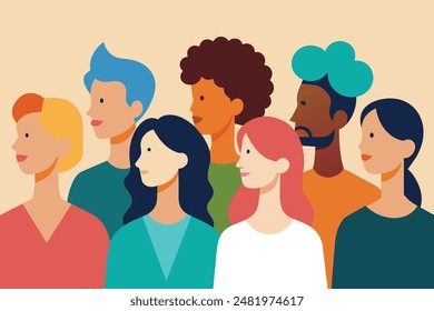 cross cultural, racial equality, multi ethical, diversity people. woman and man power, empowerment, tolerance, discrimination. wide background of human profile silhouette