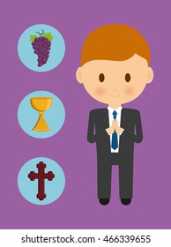 cross cup grapes boy kid cartoon icon. First communion concept. Flat and Colorful illustration. Vector graphic
