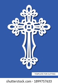 Cross with curly ornament. Decorative religious element for Easter, Christening. Template for plotter laser cutting (cnc), wood carving, paper cut, metal engraving or printing. Vector illustration.