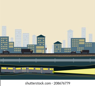 Cross cut section of Cityscape with underground levels. Vector