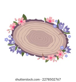 Cross cut of a tree with cherry blossoms and primrose. An empty wooden section decorated with spring flowers. Illustrated vector element.