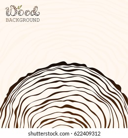 Cross cut of tree trunk background. Hand drawn woody texture sketchy drawing. Wood word special lettering. Templates for woodwork shop card or poster. Vector illustration.