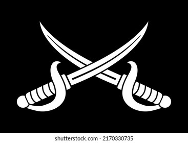 Cross cutlass for pirate eye patch or flag badge vector illustration. Corsair sword saber sword symbol isolated on black background.