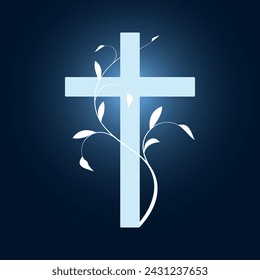 Cross decorated with sprout. Christian religious design for Easter celebration. Glowing cyan cross and white sprout on a blue background. A symbol of new life and resurrection.