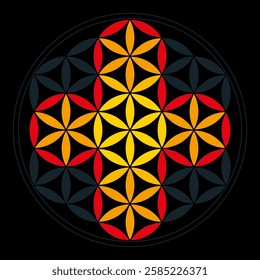 Cross derived from petals of a Flower of Life, a geometric figure of overlapping circles, forming a flower like pattern. Colorful petals in leaded glass window style. Isolated illustration over black.