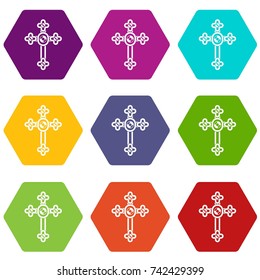 Cross with diamonds icon set many color hexahedron isolated on white vector illustration