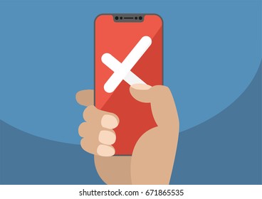 Cross displayed on red touchscreen of modern bezel-free / frameless smartphone as concept for failure / not successful / rejection in mobile computing