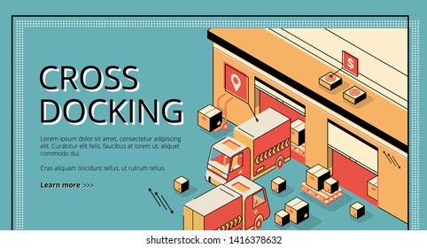 Cross docking logistics. Trucks receiving and shipping goods, warehousing process, cargo transportation. Isometric 3d vector illustration, line art, banner, landing page on retro colored background