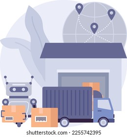 Cross-Docking Vektorsymbol-Design, Symbol für die Automatisierung von Lagern, Zeichen für industrielle Revolution, Stockillustration für die Schifffahrt und Logistik, Weltweites Konzept für die Paketzustellung