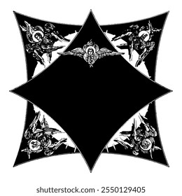 Cross dome with 4 apostles and seraphim. Ink illustration black and white in Byzantine style isolated