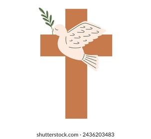 Cross and dove with branch icon. Easter symbol. Religious christian sign. Holy Week. Vector illustration in flat hand drawn style