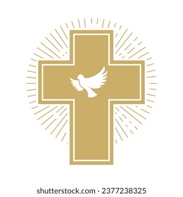 Cross with the dove. Church emblem template. Vector design element.