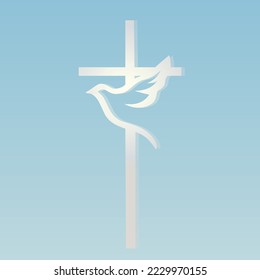 Cross with dove outline, Holy Spirit symbol, peace, religious sign for Christians.