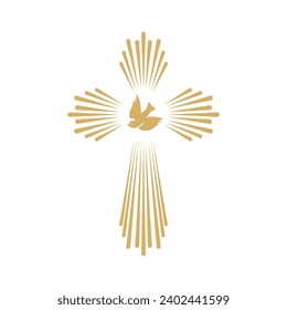 Cross with the dove.handmade illustration. Church emblem template. Vector design element.